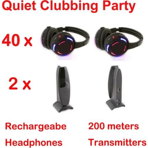Silent Disco complete system black led wireless headphones - Quiet Clubbing Party Bundle (40 Headphones + 2 Transmitters)
