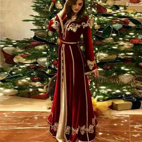 Burgundy Velvet Gold Appliques Moroccan Caftan Long Sleeve Muslim Evening Dresses Dubai Formal Party Gowns Robe De Soiree