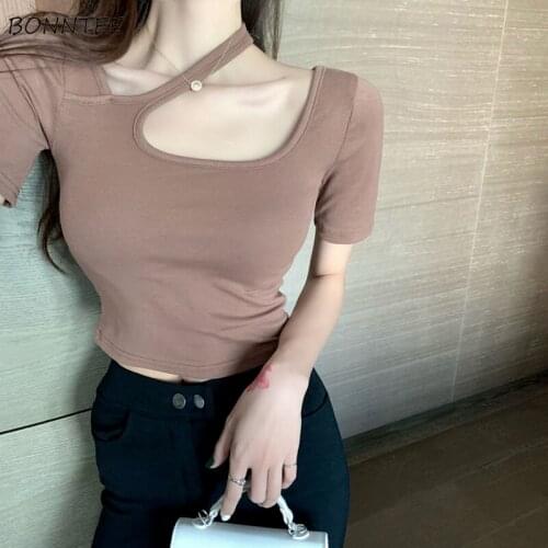 T-shirts Women Summer New Fashion Slim Comfortable Hollow Out Cropped All-match Korean Style Solid Female Sexy Tops Temperament