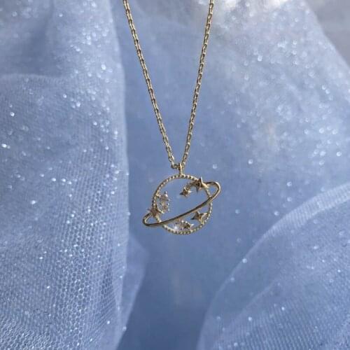 Fine Moon Planet Necklace for Women Girl Gold Chain Zircon Necklace Pendant Trend Fashion Jewerly Gift BFF