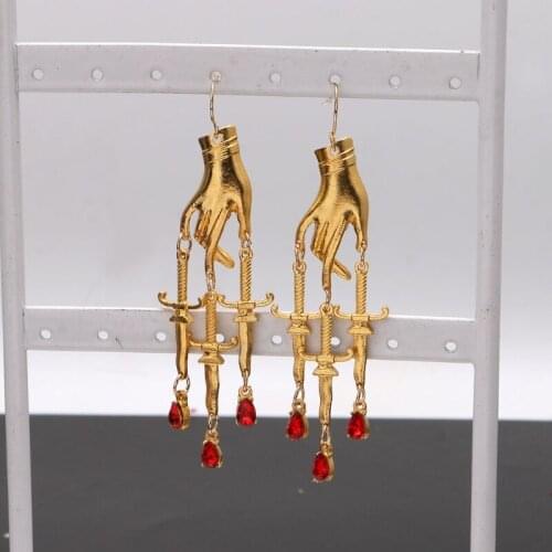 L93F Golden Hand Dagger Drop Earrings Gothic Witchy Hand Earrings Holy Hand Red Crystal Dangle Earrings Fashion Jewelry Women