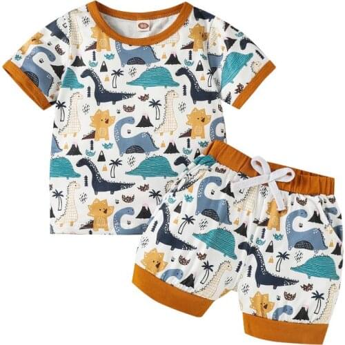 Summer Kids Baby 2Pcs Clothes Set Short Sleeve Dinosaur Print T-Shirt Elastic Waist Shorts Set Casual Boys Cotton Sets