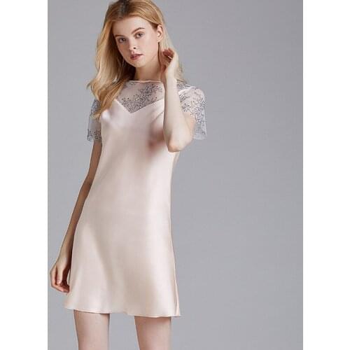 Summer Satin Faux Silk Short Nightgown Short Nightdress new style Round Neck Above Knee Lace Sleepwear New Sexy Nightwear