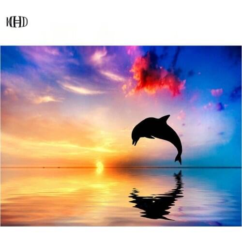 MHD DIY Diamond Painting Cross Stitch kits round diamond Mosaic dolphin in the sunset Diamond Embroidery Icons home Decorative
