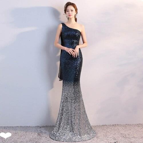 Fashion Elegent Sequins Chinese Evening Dress Women Sexy Qipao Modern Long Party Dresses One Shoulder Mermaid Wedding Costume