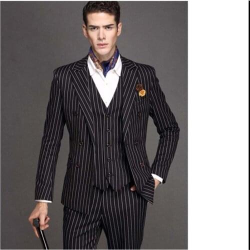 Groomsmen Peak Lapel Groom Tuxedos Black with White Stripe Men Suits Wedding Best Man Blazer (Jacket+Pants+Tie+Vest) B940