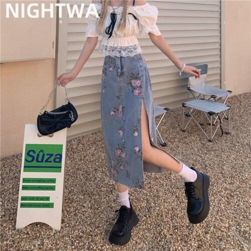 NIGHTWA 2021 Summer Retro Flower print Long Denim Skirts Women High Waist Button Pockets skirt Split Plus Size Maxi Denim Skirts