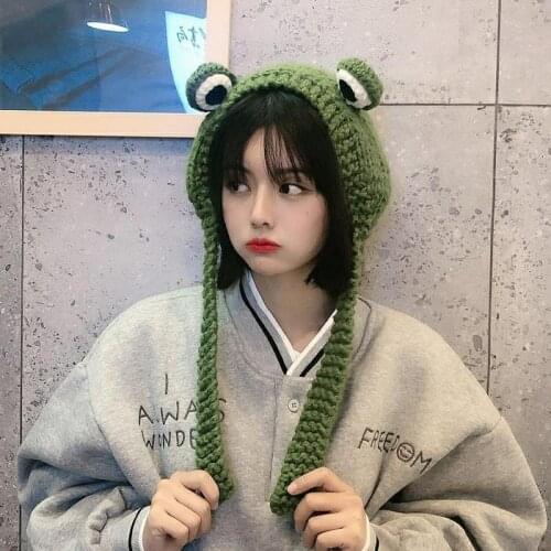 Hat Women Cute Frog Eyes Knitted Woolen Cap Cartoon Headgear Lace Ear Protection Cap Girl