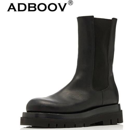 ADBOOV Buffalo Leather Boots Women Mid Calf Slip On Black Boots Platform Chelsea Boots For Ladies