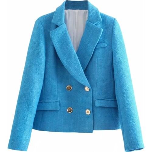 Stylish Chic Blue Yellow Double Breasted Texture Blazers Women 2021 Fashion Notched Pockets Blazer Coat Casual Outerwear