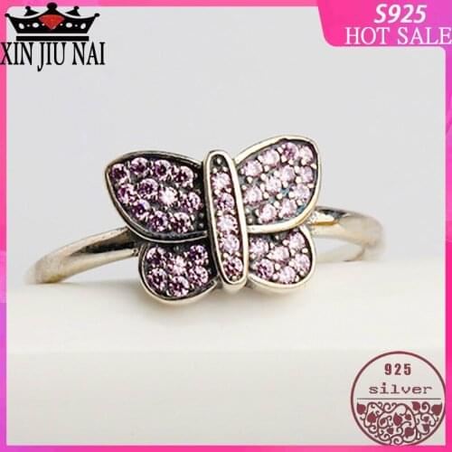 100% Sterling Silver 925 Oxidation Black Craft marcasite Womens Diamond Ring Butterfly Shape Personality Female Silver Jewelry