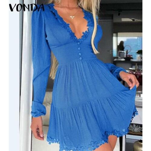 Women Dress Summer Sundress Sexy Deep-V Neck Embroidery Floral Party Dress 2021 VONDA Solid Long Sleeve Pleated Vestidos Robe