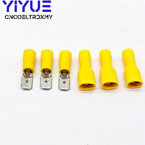 100Pcs/50Pairs 6.3mm 14-12AWG Female Male Electrical Wiring Connector Insulated Crimp Terminal Spade Yellow FDD 5.5-250 MDD5.5