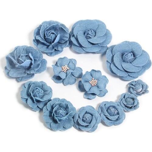 200Pcs Headmade Flowers Boutique For Headbands Denim Fabric Flower For Baby Girls Hair Accessories