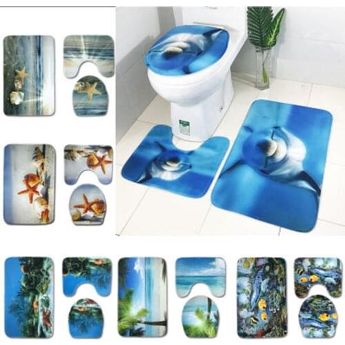 3 Sets Flannel Floor Mat Underwater World 3D Pattern Non-Slip Water Absorption Bathroom Door Toilet Mat