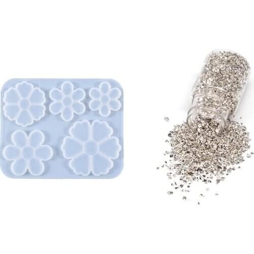 35G Metal Crushed Stone Effect Filler & Crystal Epoxy Mold Handmade Five Petals Hanging Pendant Jewelry Silicone Mold