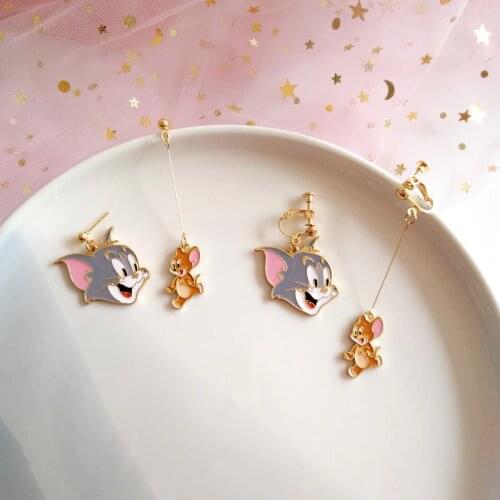 Asymmetrical Cat Head Clip on Earrings Enamel Cute Mouse Cat Clip Earring Without Ears Piercing For Kids Girls Women Gifts