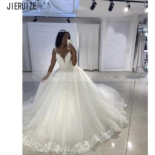 JIERUIZE Modest African Wedding Dresses Spaghetti Straps Appliques Wedding Gowns Lace Up Back 2020 Bridal Dresses robe de mariee