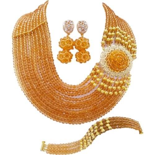 Classic Champagne Gold African Beads Jewelry Set Crystal Beaded Necklace Nigerian Wedding Bridal Party Jewelry Sets 10DPH03