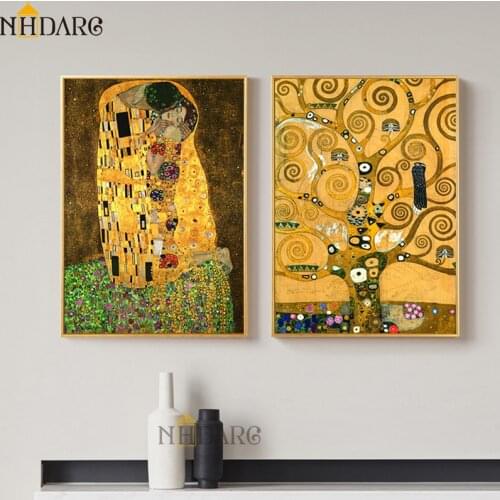 Classic Artist Gustav Klimt The kiss Gold Tree Canvas Art Print Painting Poster, Wall Pictures For Living Room Home Decor C