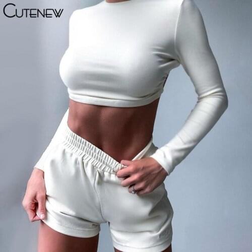 Cutenew Solid Sports Two Pieces Set Women Outfits Sexy Backless Bandage Long Sleeve Crop Top+Biker Shorts Lady Casual Streetwear