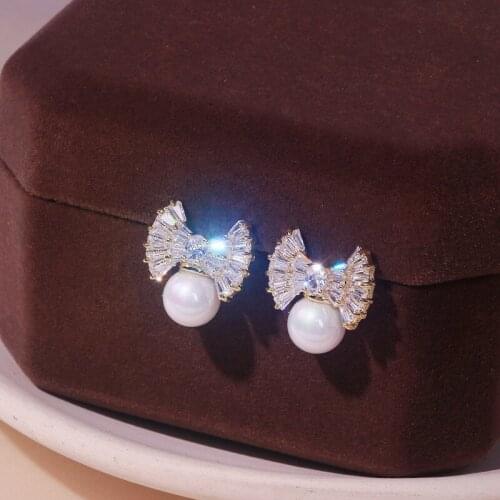Korean Charm Cubic Zircon Stud Earrings for Woman Gold Color Crystal Bow Pearl Earrings Bridal Wedding Jewelry Accessories