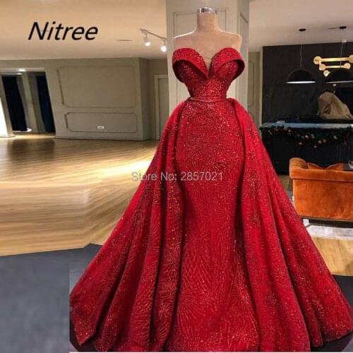 Red Shining Sexy Mermaid Evening Dresses Custom Made Sweetheart Neck Sleeveless Beads Elegant Prom Gowns Arabic Vestido De Festa