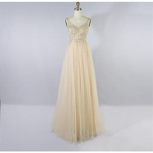 Beauty-Emily Sexy Sling Long Evening Dresses Beading Crystal Open Back Party Gowns Luxury Pearls Prom Gowns A-Line For Woman