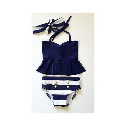 Cute Toddler Kids Baby Girl Swimsuit 3pcs Bikini Set Little Girls Navy Swimwear Bathing Suit Swimming Costume Dropshipping