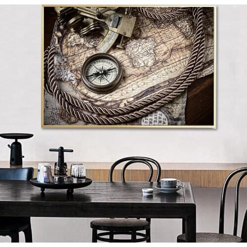 Nautical Sea World Map Sing Magnifier Compass Canvas Art Posters and Prints Canvas Painting Home Decoration Wall Art Office Déco