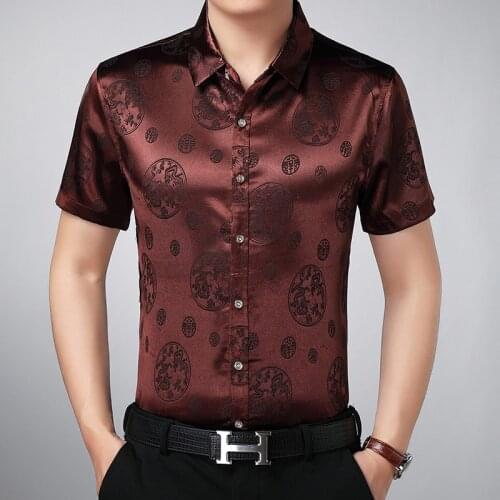 Mens summer fashion pattern satin silk shirts male casual silk clothes short sleeve silk dress shirts