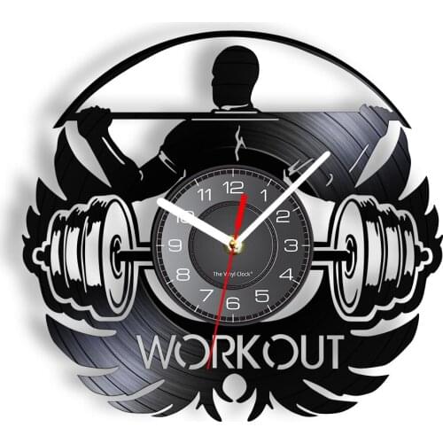 Workout Dumbbell Vinyl Record Wall Clock Bodybuilding Gym Themed Home Decor Living Room Fitness Art Decor Watch For Mancave
