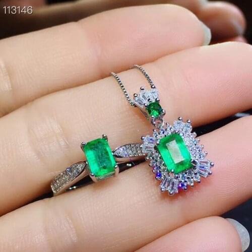 Natural green Emerald gem S925 silver ring Pendant natural gemstone Jewelry Set fashion square Pillow girl party gift jewelry