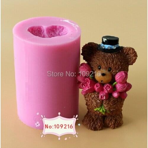 Wholesale!!!1pcs 7*10CM 3D Little Bear Roses Bouquet (LZ0135) Silicone Handmade Candle Mold Crafts DIY Mold