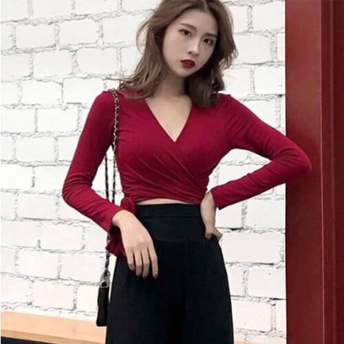 Sexy Women Deep V Neck Front Wrap Side Bandage Slim Cropped Base Shirt Womens Autumn Summer Streetwear