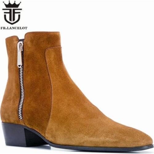 Handmade dual zipper pionted toe simple slim fit dress denim Boots real leather wedge business casual boots