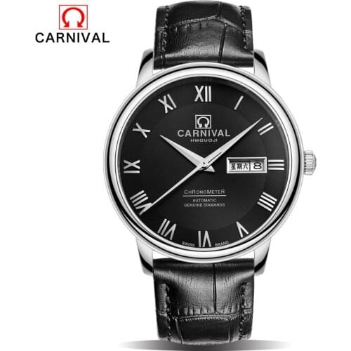 CARNIVAL Luxury Brand Mechanical Watches Men Skeleton Dial Clock Roman Casual Wristwatches Men Mechanical Hand Wind Watch Relogi
