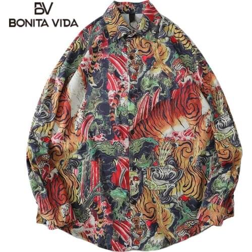 Bonita Vida Tiger Print Long Sleeved Shirt Men Fashion Oveersized Button Shirt Hip Hop Harajuku Casual Hipster Tops