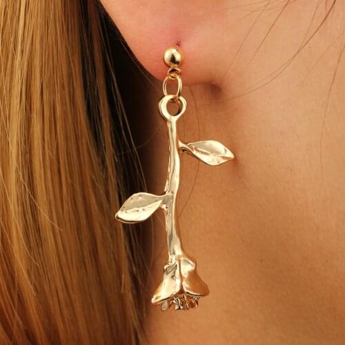 Korean retro exquisite golden flower branch earrings popular female rose shape earrings