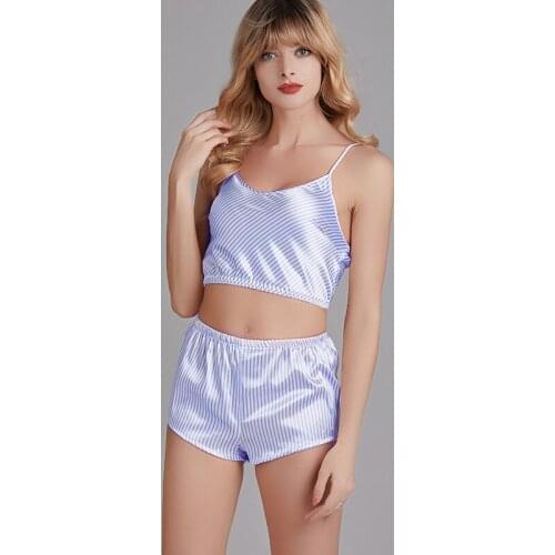 Silk Sexy Blue Striped Pajama Ladies Summer Breeches Two Suits Home Wear Thin Pajama Intimate Lingerie Casual Sleep Set Пижама