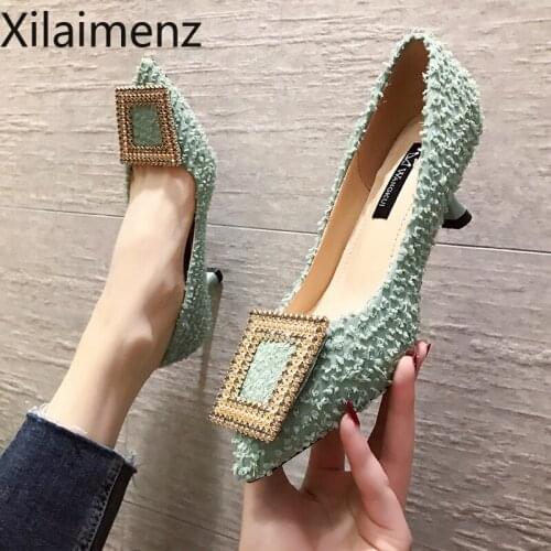 Fashion Buckle Pumps Women High Heel Shoes Elegant Rhinestone Ladies Office Shoes Pointed Toe Women Party Wedding Shoes Pumps