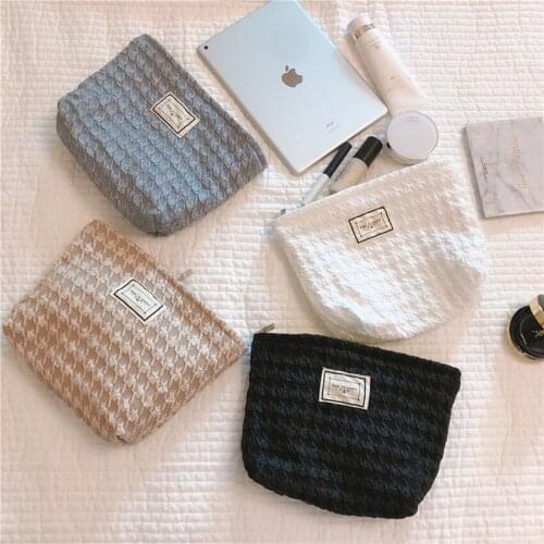 Houndstooth Comestic Bag for Women Simple Handbag Student Big Capacity Storage Bag Environmental Solid Color Fashion ins