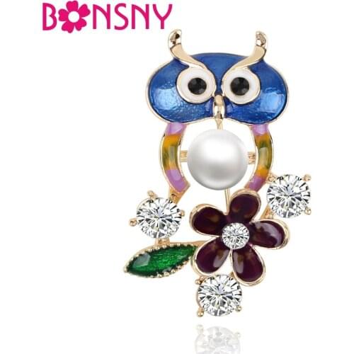 Bonsny Alloy Enamel Owl Bird Flower Brooch Rhinestone Pearl Pin For Women Teens Clothes Scarf Decoration Solid Jewelry Gift Bulk