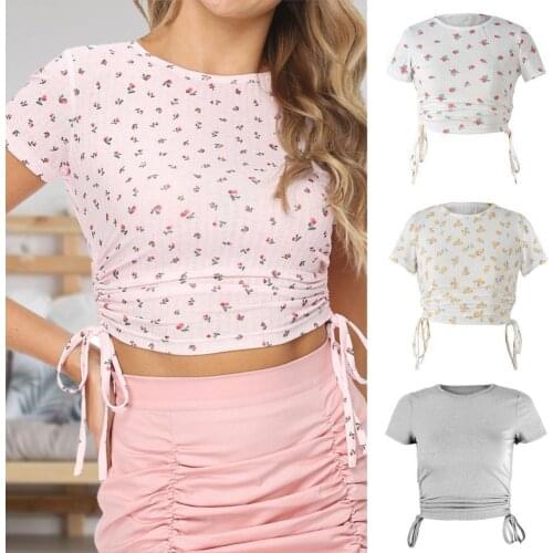 Women T-shirt Solid Color/Floral Print Slim Top Women O Neck Short Sleeve Drawstring Top for Summer топик женский 2021