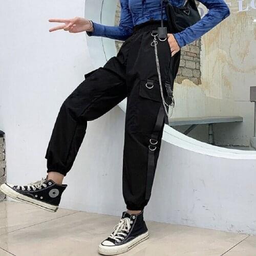 Gothic Women Black Cargo Pants Harajuku Punk Chain Trousers Female Hip Hop Mall Goth Streetwear Techwear Egirl Grunge Capris