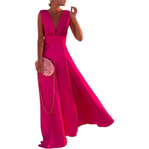 2021 New Autumn Female Sleeveless Maxi Dress Elegant Deep V-Neck Waist Tight Pleated Big Hem Maxi Dress Wedding Guests Vestidos