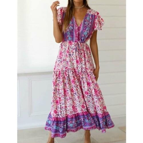 Happie Queens women purple floral print short sleeve tassel ruffles Bohemian maxi dresses Ladies v-neck rayon Boho happie dress