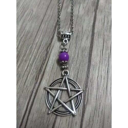 1Pcs Fashion Jewelry Alloy Tibetan Silver Charms Five-pointed Star&Purple Glass beads Pendant&Necklace pagan Gothic Fast