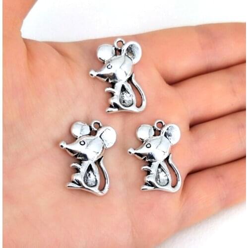Hzew 5pcs Exquisite cute cartoon mouse charm Ancient silver color rat pendant gift for children