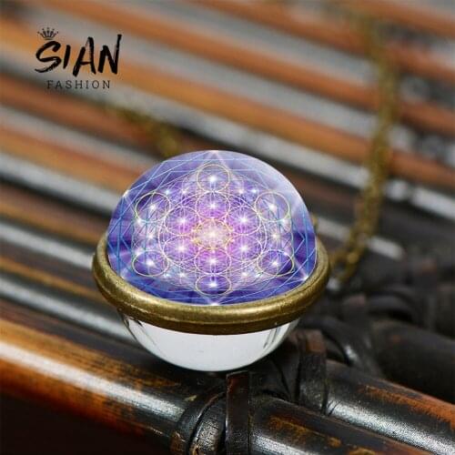 SIAN Metatron Cube Link Chain Double Sided Glass Necklace Geometry Pattern Art Photo Cabochon Necklaces For Women Jewelry Gifts